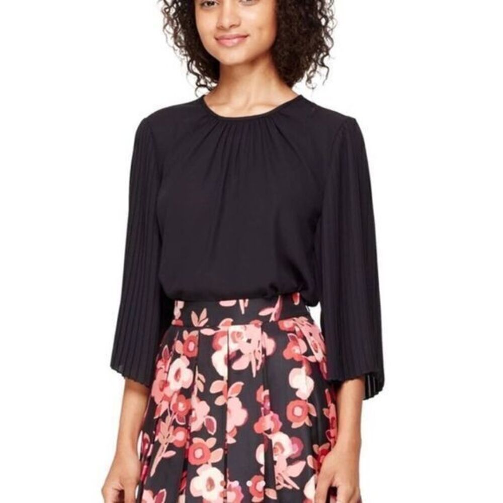KATE SPADE Black Flutter Blouse Pleated Sleeve XSMALL